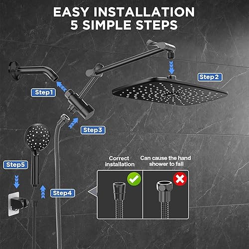 Miniatura 8 de Veken Cabezal de ducha de lluvia de 11.8 pulgadas con ducha de mano, cabezales de ducha de mano de alta presión con múltiples modos de rociado,