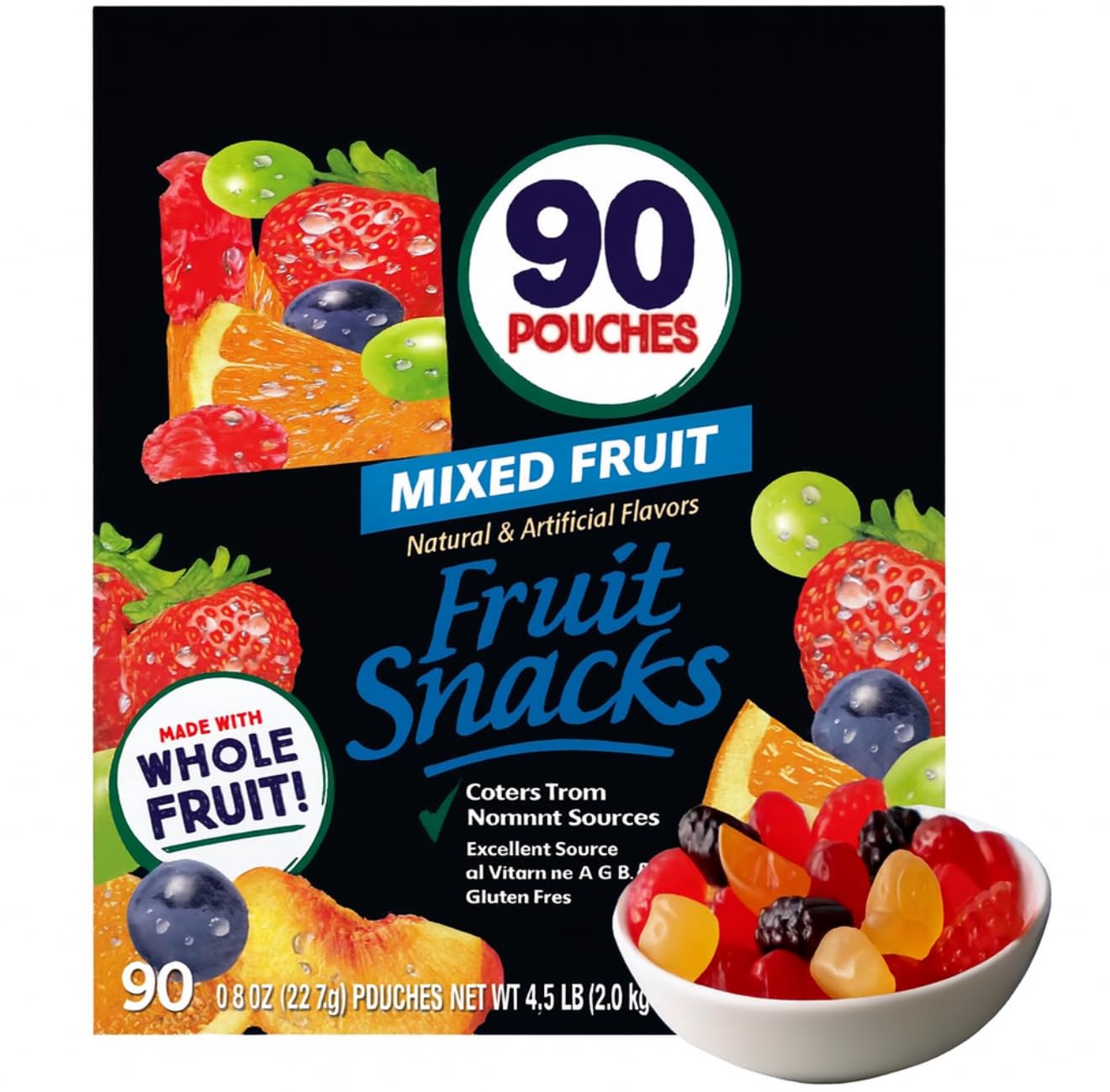 Mixed Fruit Snacks, Real Fruit Variety Pack, Gluten Free, for School Lunches, 0.8oz Each, single Serve 90 Pouches
