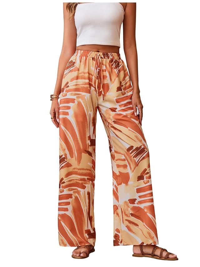 WDIRARA Womens Printed Wide Leg Palazzo Pants Drawstring Elastic High Waisted Trousers