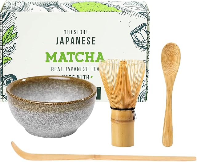Keepaty Japanese Matcha Tea Set of 4,Matcha Whisk Set with 100 Prong Whisk, Traditional Scoop , Tea Spoon and Ceramic Matcha Bowl,Tea Ceremony Accessory for Making Matcha