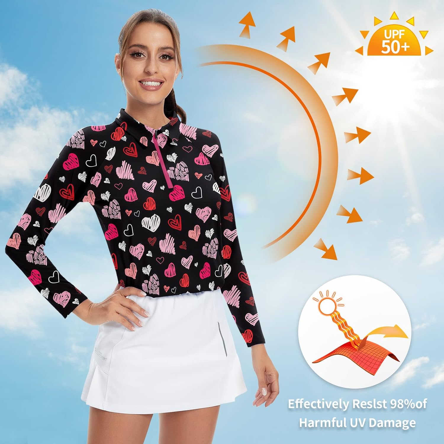 Soneven Womens Long Sleeve Golf Shirts Half Zip Moisture Wicking Print Golf Tops Tennis Shirts(XS-3XL)