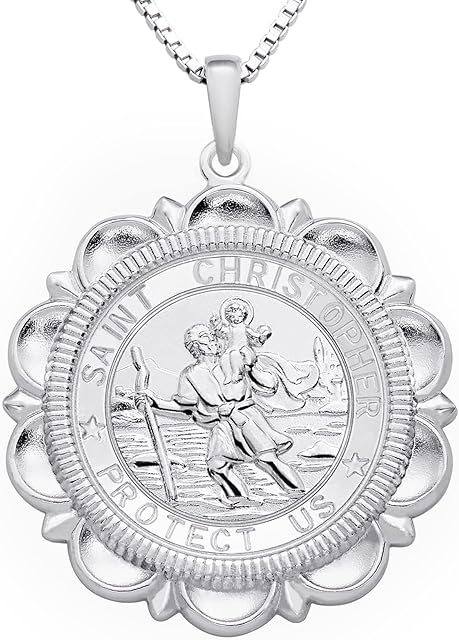 FJ St. Christopher Jewelry 925 Sterling Silver, Antiqued Religious Protector Talisman Pendant for Men Women, Coin/Round/Oval/Medal/Square/Locket