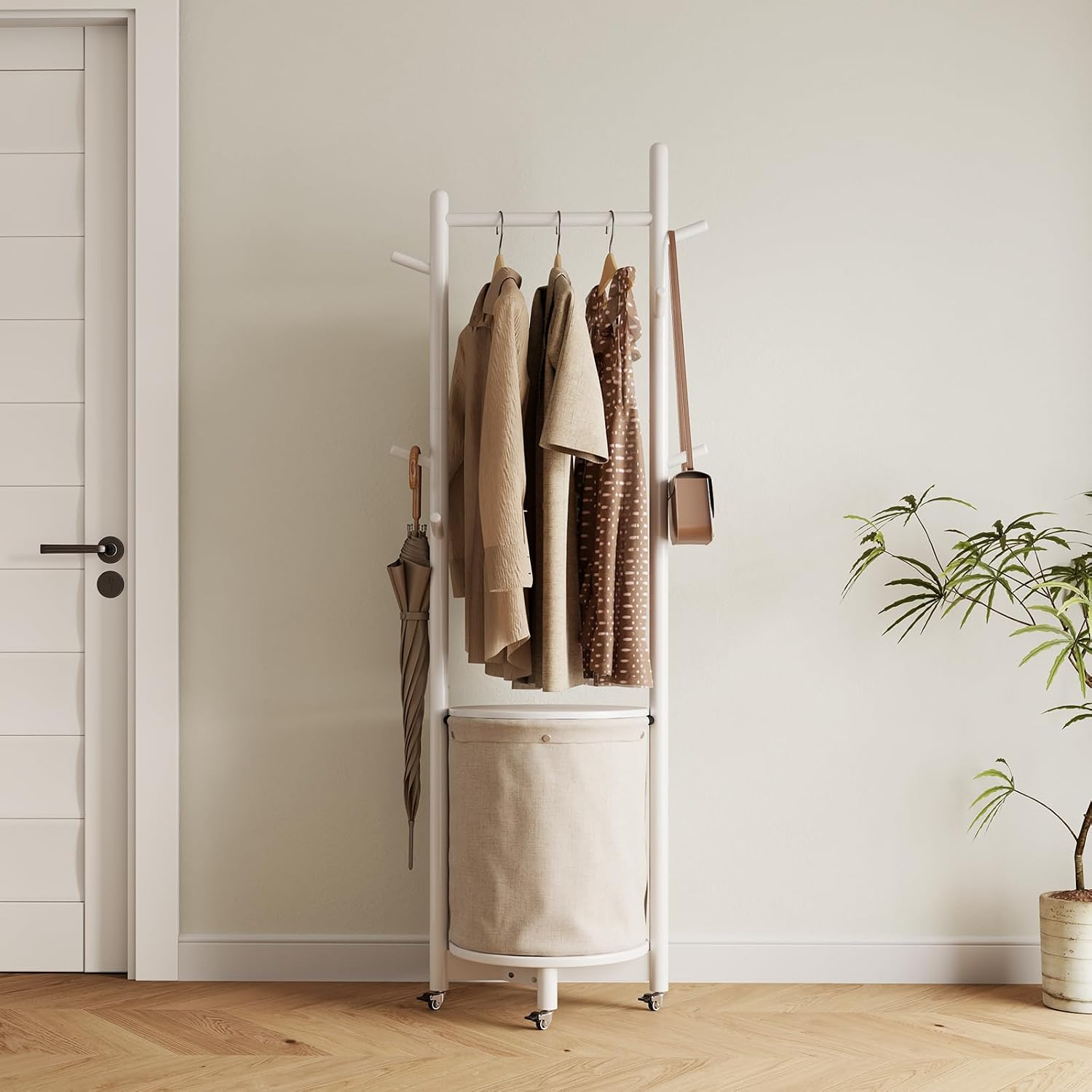 CycleCrew Solid Wood Coat Rack with Fabric Basket - Freestanding Coat Rack Rolling Coat Tree with 9 Hooks Wheels, Small Clothes Rack For Entryway Bedroom Hallway Living Room