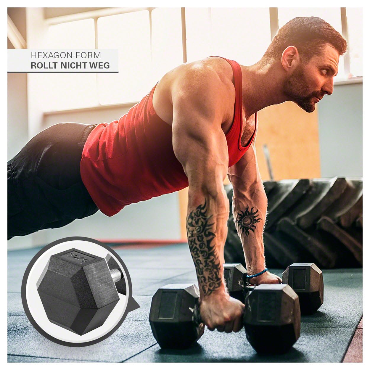 Sport-Tec Hex Kompakthantel aus Gummi, Hexagon-Hantel, Krafttraining, Fitness Hantel, Muskelaufbau, Bodybuilding