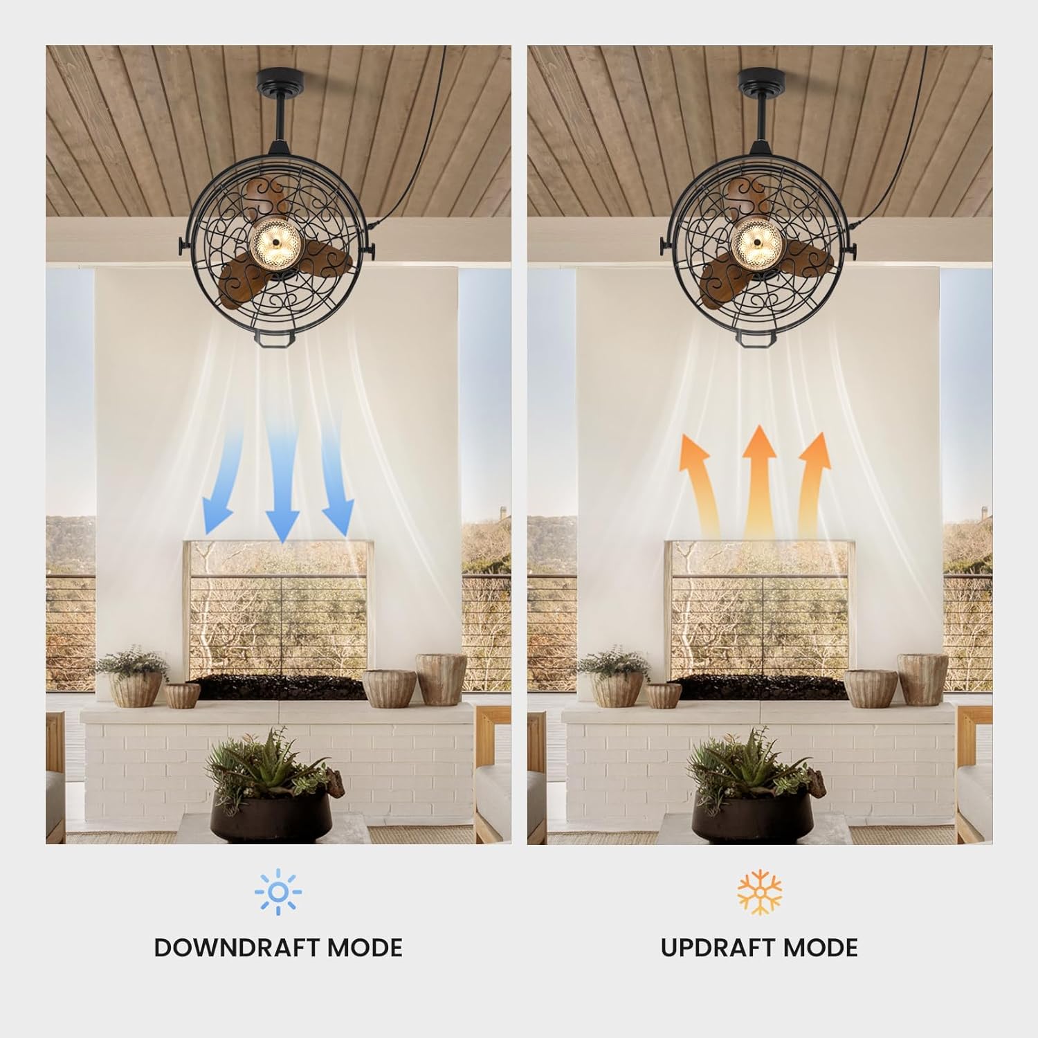 Illustration showing downdraft mode for cooling and updraft mode for warm air circulation