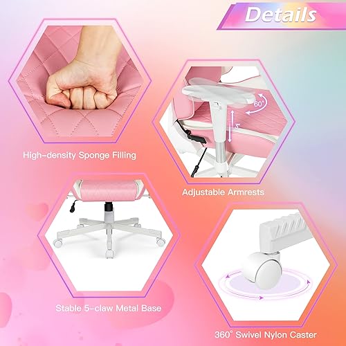 Miniatura 6 de GYMAX Silla para juegos de computadora, silla de oficina estilo carreras con reposacabezas de soporte lumbar ajustable, giro de 360, silla