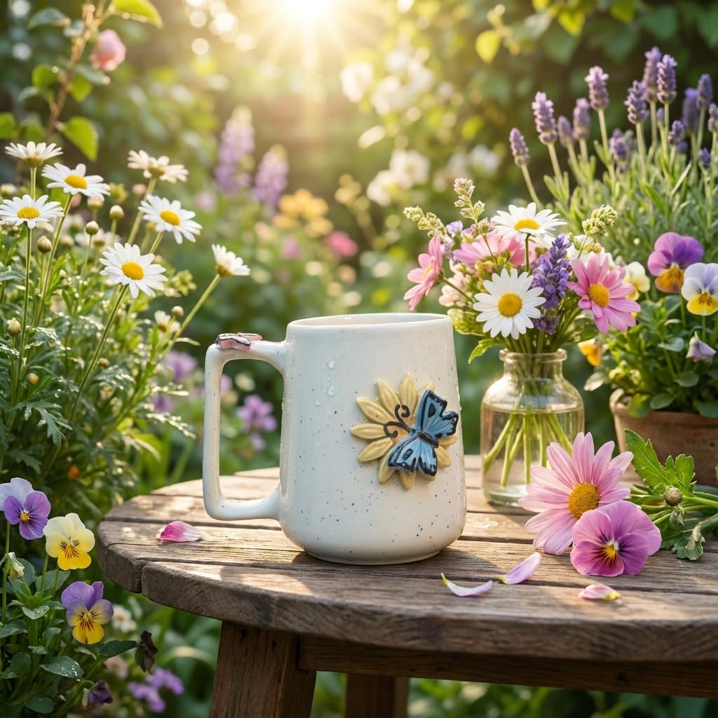 Kalaa By N Ceramic Coffee Mug 300ml Butterfly Flower Design | Handmade Tea Cup for Home Office | Microwave Dishwasher Safe | Gift for Women Girls Set of 1 - Image 3 thumbnail
