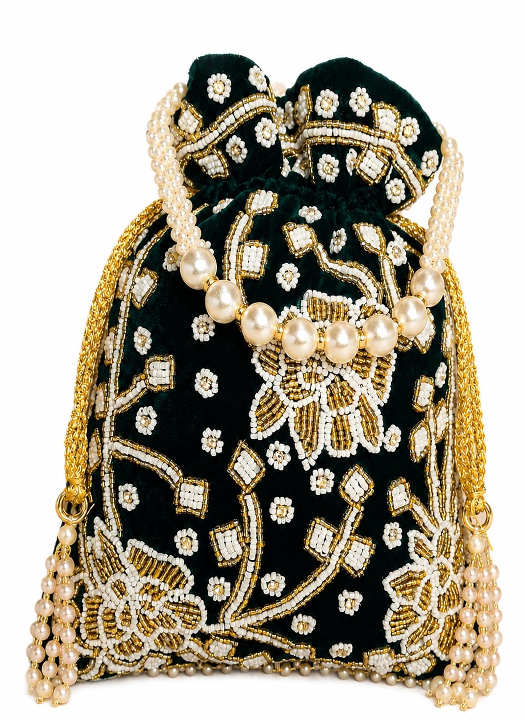 Dark Green Potli Bag Velvet Embellished with White, Golden, Silver Beads Work for Women Wedding Lehnga Sharara Sarees Fashion Accessory-image-46