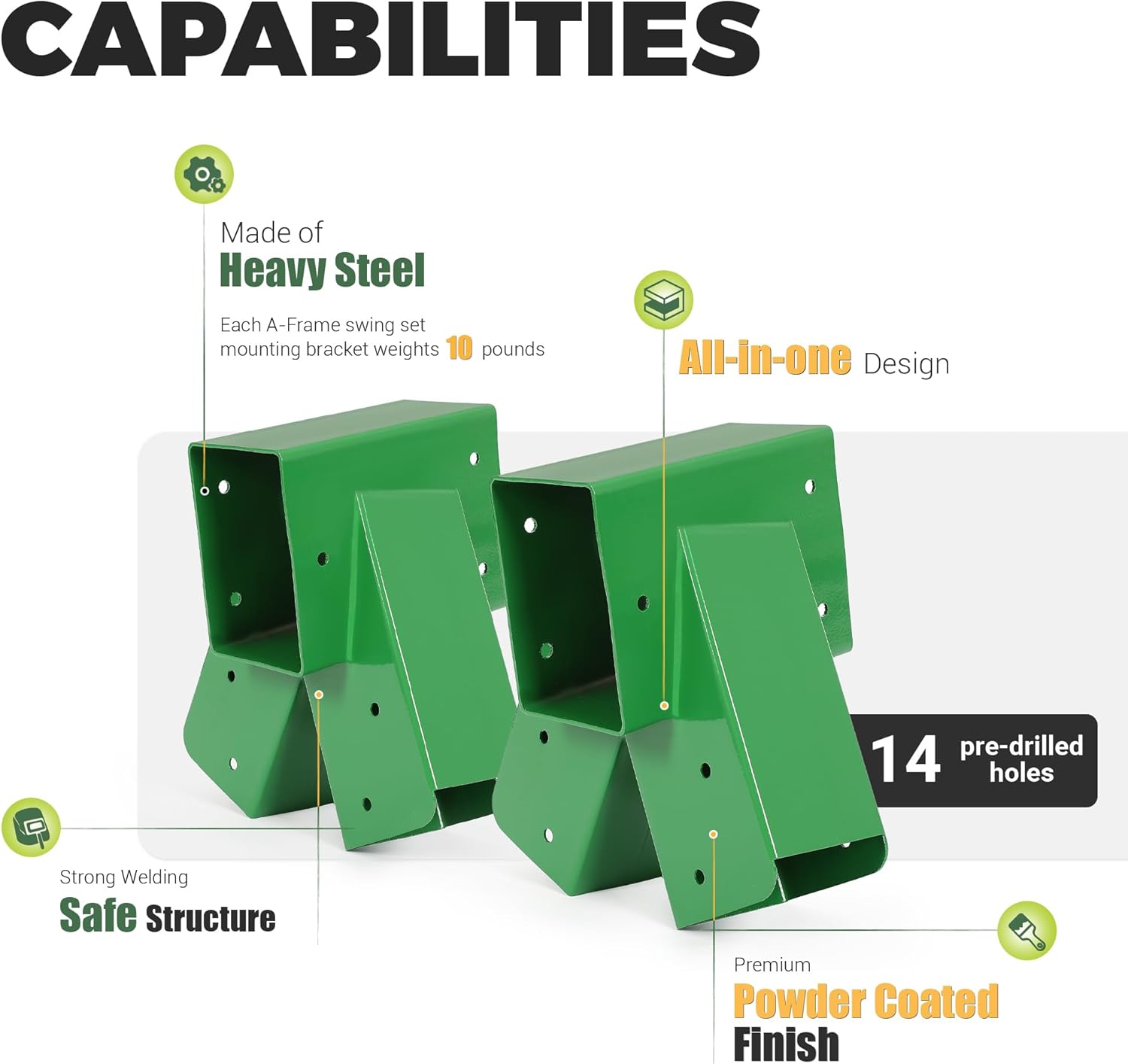 ECOTRIC 2 Pcs A-Frame Swing Set Bracket Heavy Duty Steel Green w/Mounting Hardware (2 Brackets) for 2 (4" x 4") Legs & 1 (4" x 6") Beam