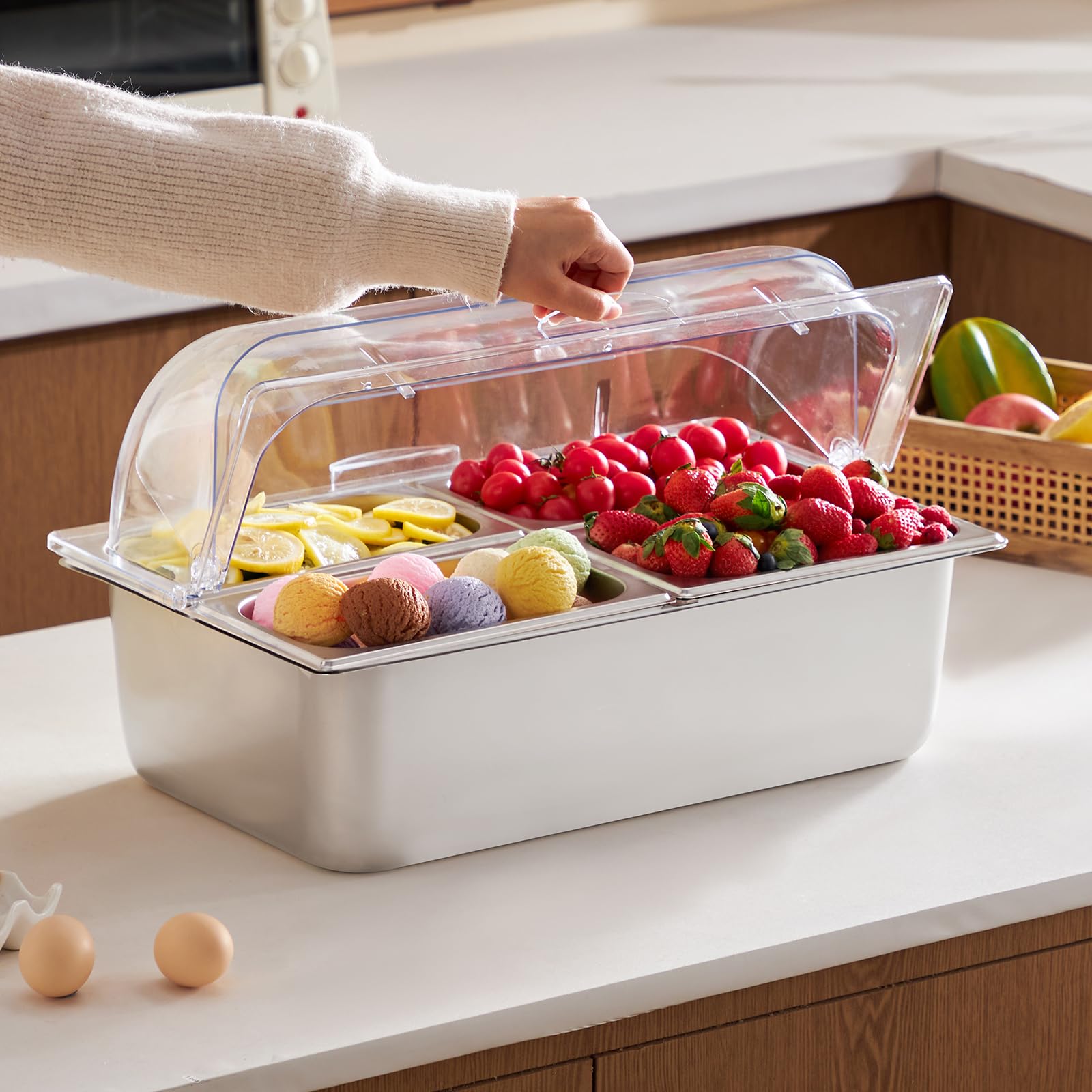 VEVOR Contenitore Espositivo per Servire Cibo da Banco, Vassoio per Servire Cibo in Acciaio Inox 4 Teglie, Espositore per Dispensatori di Condimenti a Buffet con 3 Contenitori per Congelatore