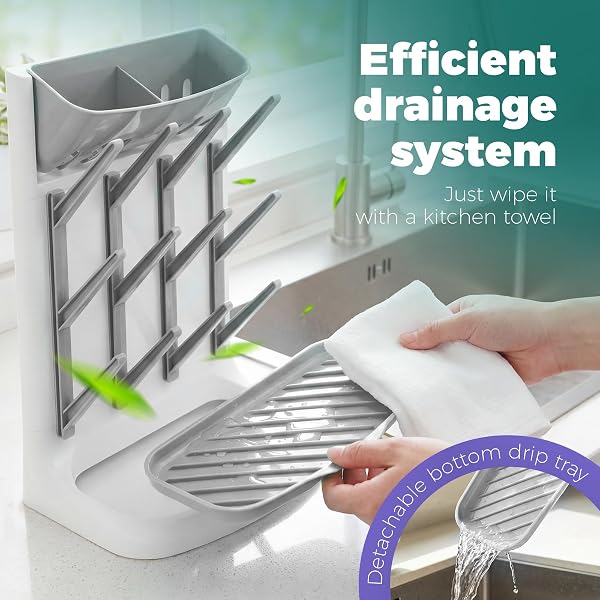 Baby Bottle Drying Rack with 2 Suction Cups, Vertical Standing Bottle Dryer Rack Holder, Detachable Drip Tray, Holds Up to 12 Bottles & Accessories, Countertop Organizer (grey) - 5
