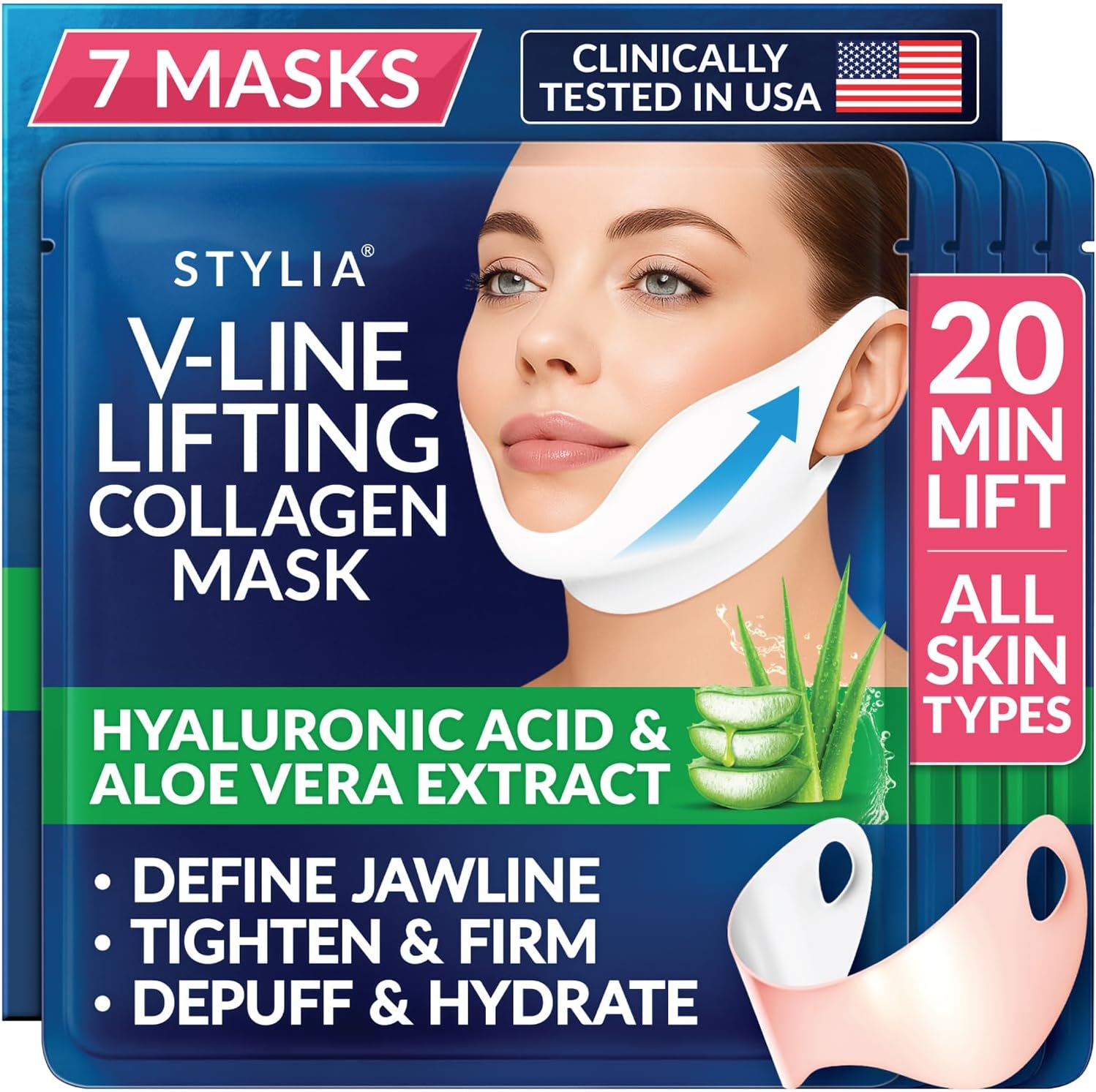 V Line Lifting Collagen Mask - Lift, Firm & Contour Jawline - Tightening Double Chin Strap with Hyaluronic Acid & Aloe - Neck Tightening and Lifting Mask - Jawline Shaper Face Lift Tape (7PC)