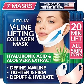 Stylia V Line Lifting Collagen Mask - Lift, Firm & Contour Jawline - Tightening Double Chin Strap with Hyaluronic Acid & Aloe - Neck Tightening and Lifting Mask - Jawline Shaper Face Lift Tape (7PC)