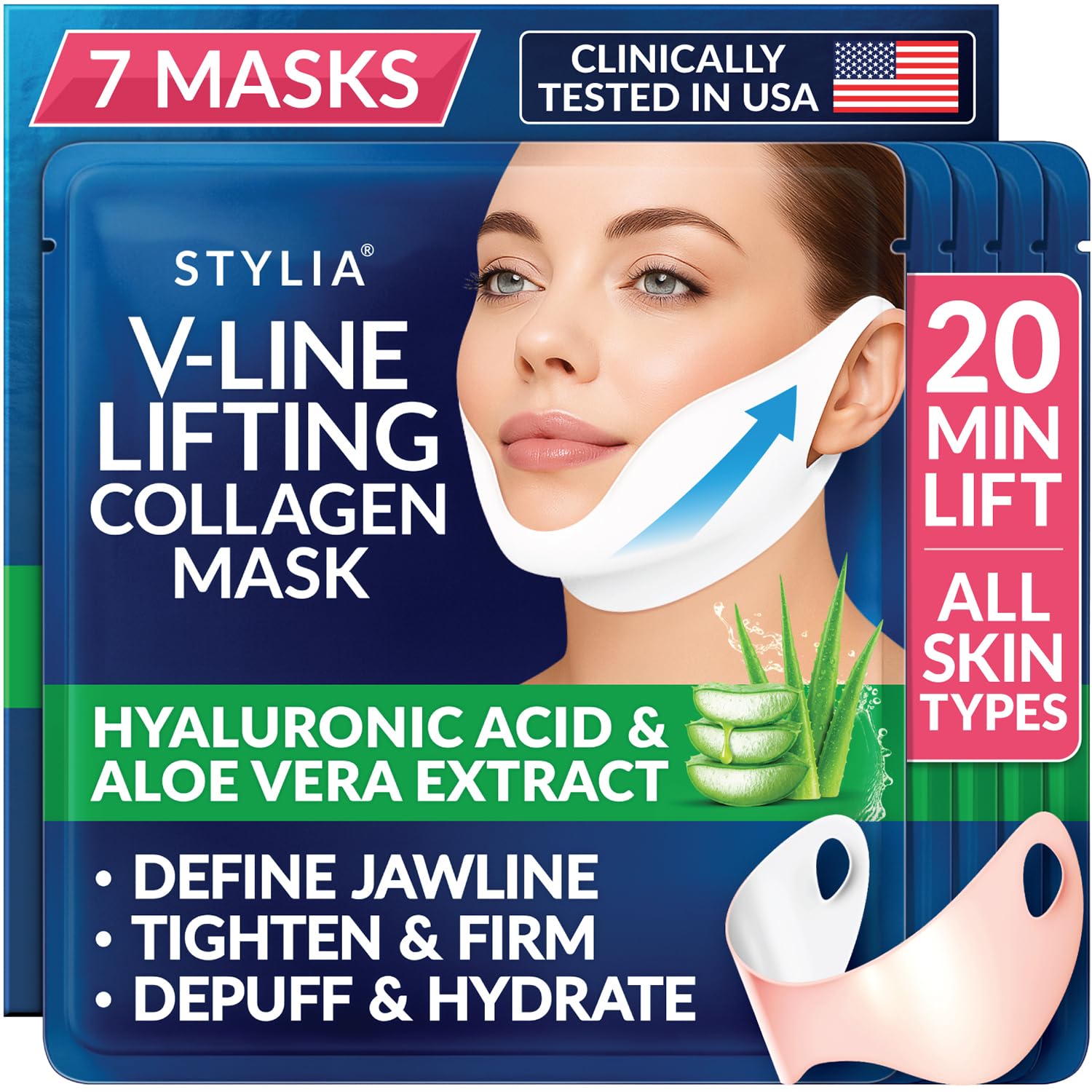 Stylia V Line Lifting Collagen Mask - Lift, Firm & Contour Jawline - Tightening Double Chin Strap with Hyaluronic Acid & Aloe - Neck Lift & Face Tightening Mask - Jawline Shaper Face Lift Tape (7PC)