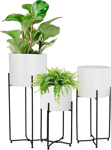 Sinolodo Maceta blanca de mediados de siglo con soporte para plantas negras, 3 macetas modernas para plantas de interior, juego de macetas de metal