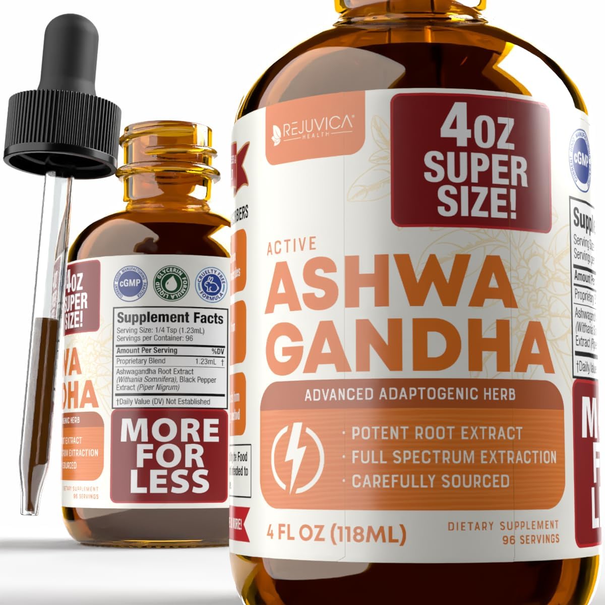 Rejuvica Health Ashwagandha Liquid Drops with Black Pepper Extract – Enhanced Absorption with Piperine & Withanolides – High Potency Adaptogen Tincture for Stress & Mood Support for Men & Women – 4 oz