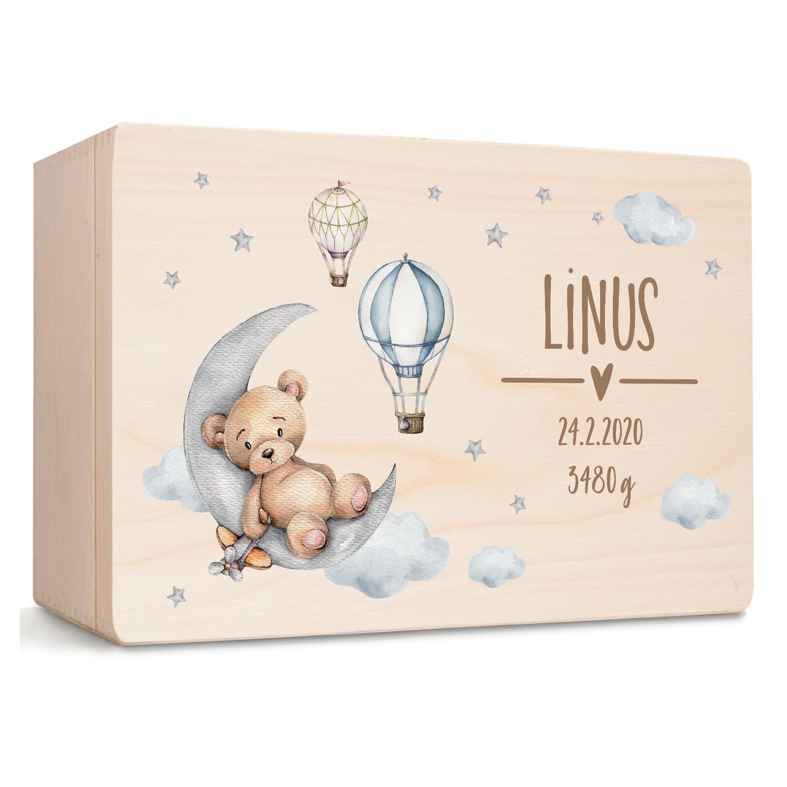 Little Deco Personalisierte Erinnerungsbox Baby Holzkiste mit Deckel | L - 40 x 30 x 22 cm | Erinnerungskiste für Jungen, Geschenk zur Geburt, Taufgeschenk mit Bär & Mond XHL1025-02