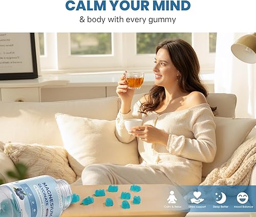 Miniatura 3 de Gomitas de glicinato de magnesio con L-teanina, Ashwagandha y extracto de manzanilla, calma, sueño, alivio del estrés para adultos y niños, sin