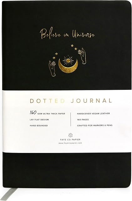 Bullet Planner/Dotted Journal - A5 Ultra Thick 160gsm Paper - Signature Notebook Bound by Hand - Perfect Dotted Journal for Artists and Creators - Moon & Stars Journal -Black