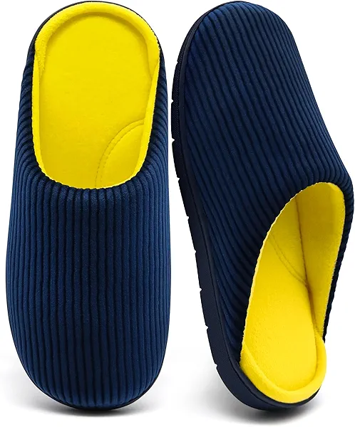 Boonble Men's Bedroom House Slippers, Comfy Two-Tone Clog Home Shoes for Men Indoor Outdoor Non-slip Sole, Cozy Mens Half Scuff Closed Toe for Winter Navy Blue/Yellow 7-8