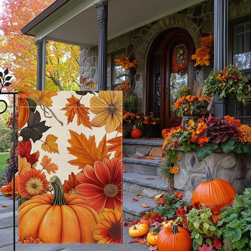 Fall Pumpkin Garden Flag for Outside 12x18 Inch Double Sided Burlap Autumn Thanksgiving Maple Leaf Sunflower Flowers Farmhouse Holiday Rustic Outdoor Yard Flag Home Decorations - Image 5