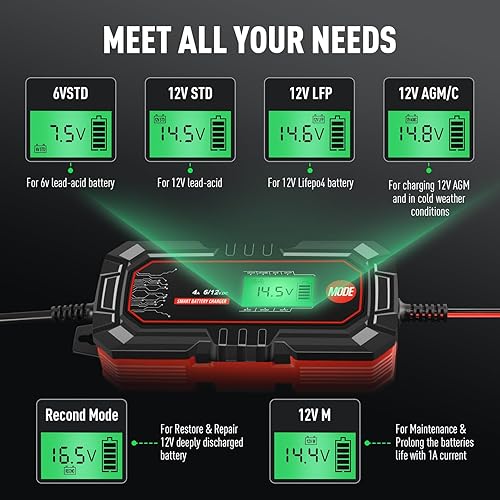 Vista 21 de Sailnovo Cargador de batería de automóvil de 10 A, cargador de goteo de automóvil de 6 V y 12 V, 10 etapas de 14.6 voltios LiFePO4 mantenedor