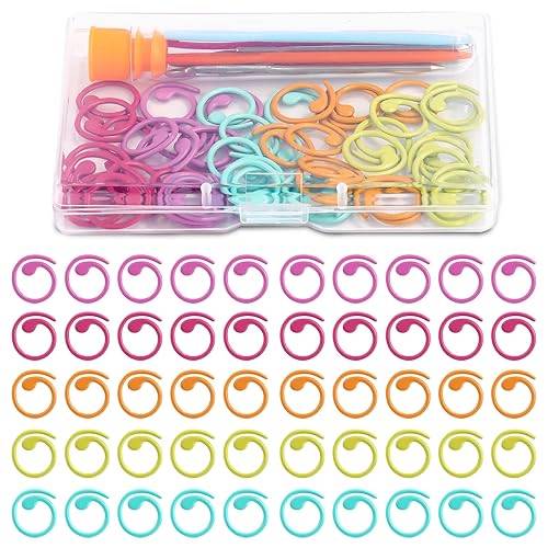 Lokunn 50 Pcs Metal Stitch Markers, 5 Color Helical-Shaped Crochet Markers Ring, 9 Pcs Large Eye Blunt Sewing Needles with Storage Box for DIY and Craft Sewing - 50 Pcs