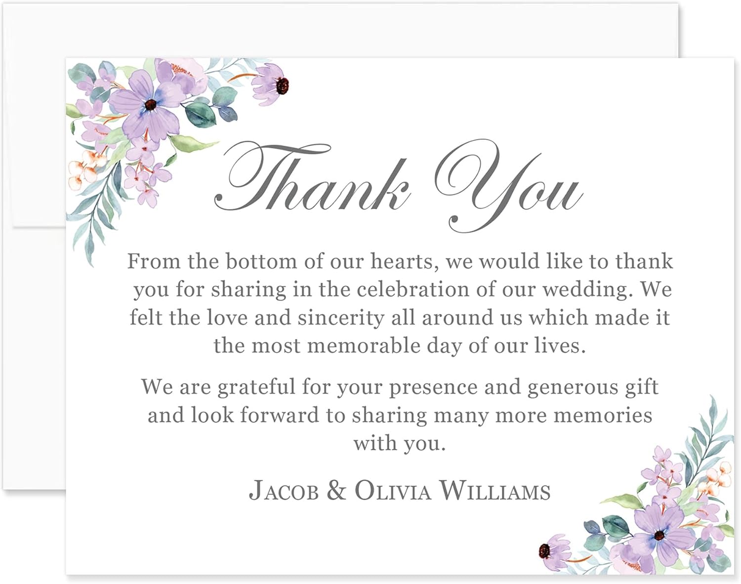 Personalized Wedding Thank You Cards with Message, Flat 5.5x4.25 Thank You Note Cards with Purple Floral, Envelopes Included (Design 2)