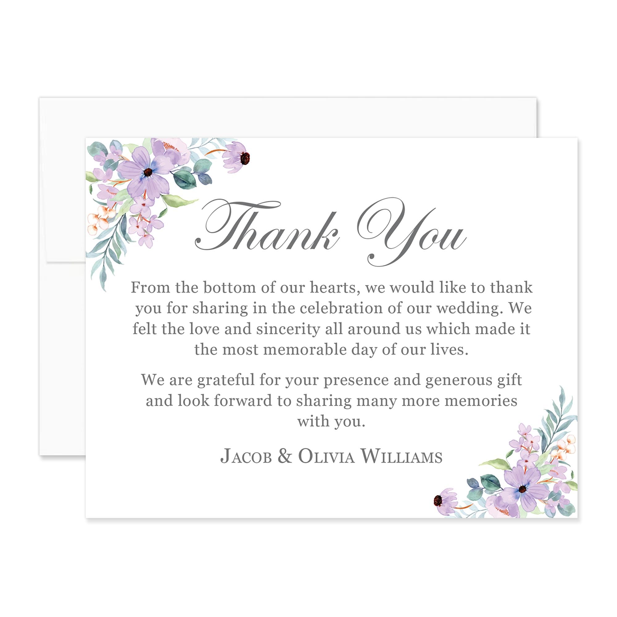 Personalized Wedding Thank You Cards with Message, Flat 5.5x4.25 Thank You Note Cards with Purple Floral, Envelopes Included (Design 2)