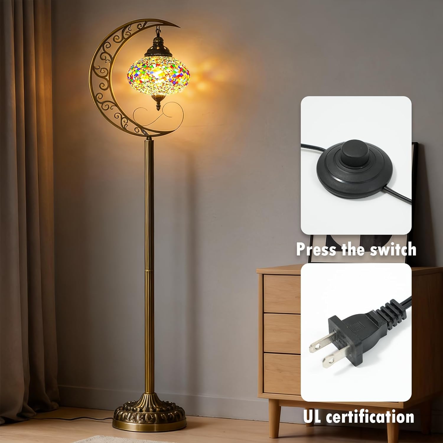 Turkish Moroccan Mosaic Floor Lamp – 60 Inch Moon Design Standing Light, Tiffany Style Boho Vintage Decorative Lighting for Living Room Bedroom Corner