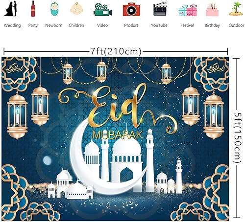 Miniatura 3 de Eid Mubarak - Telón de fondo de 7 x 5 pies, decoración de fiesta de Ramadán Mubarak para Ramadán musulmán, suministros de fiesta de Ramadán (84 x 60