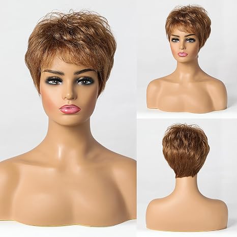 Amazon Com Emmor Short Golden Brown Human Hair Blend Wigs For Women Natural Curly Hair Pixie Wig Lightweight Breathable Soft Color 30 Beauty Personal Care