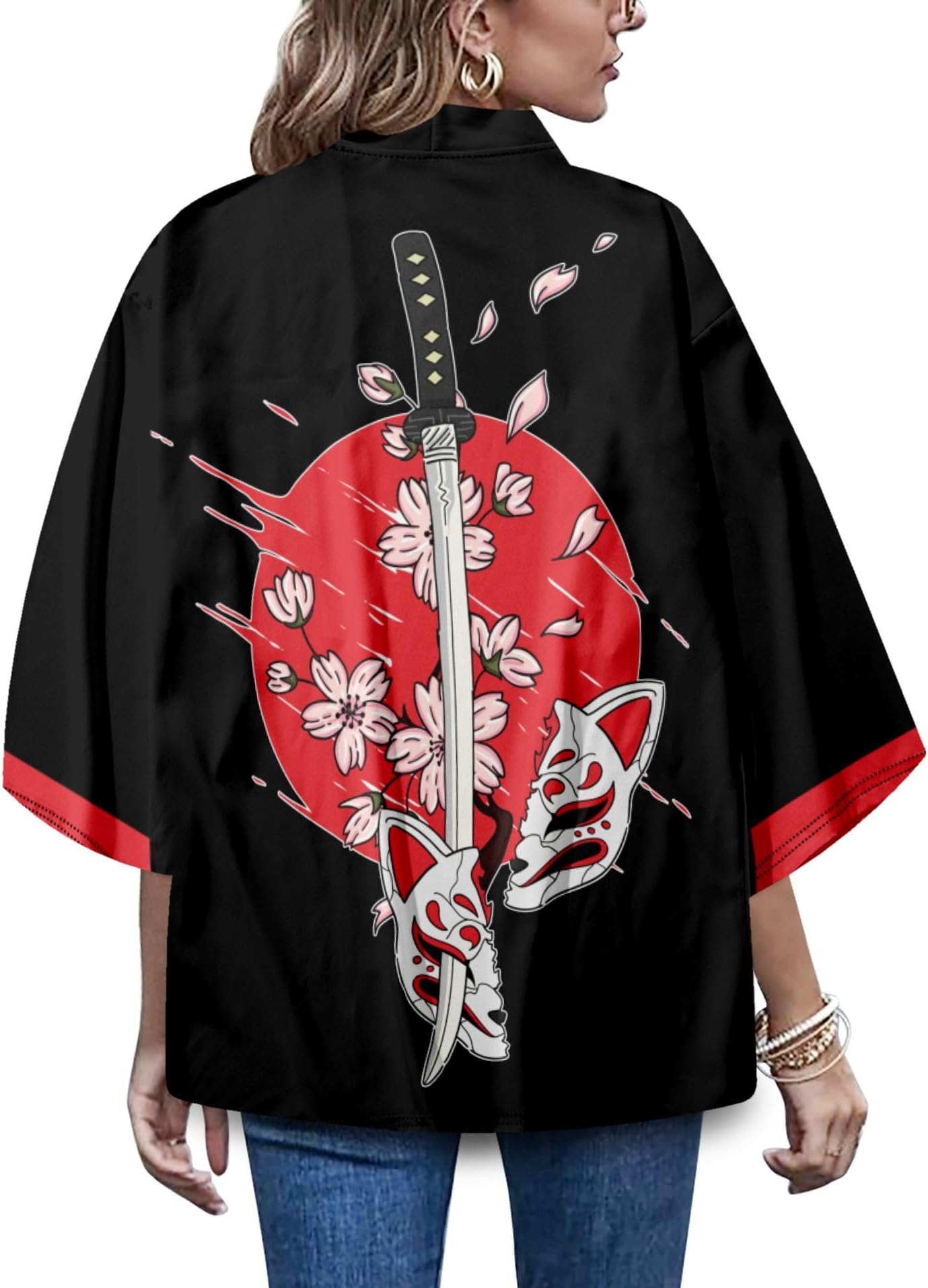 LAI MENG FIVE CATSWomen's 3/4 Sleeve Kimono Floral Print Loose Shawl Cover up Cardigan Casual Blouse Tops