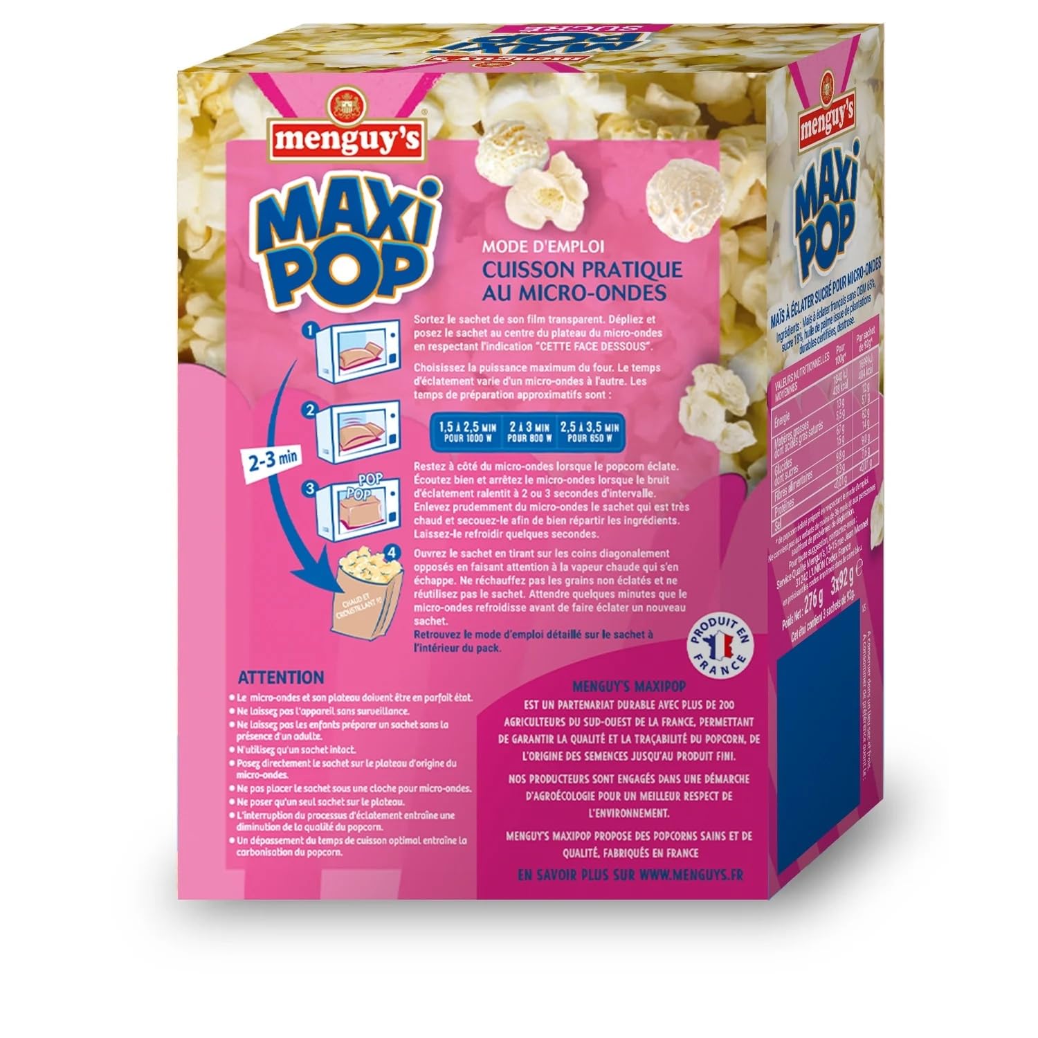 MENGUY'S - Pop-Corn Sucré Micro-Ondes - Maxi Pop · Prêt en 2 à 3 Minutes · Le Pop Corn Maison Facile · Parfait pour une Soirée Cinéma en Famille - les 3 sachets de 92 g - 276g - Le Lot De 4