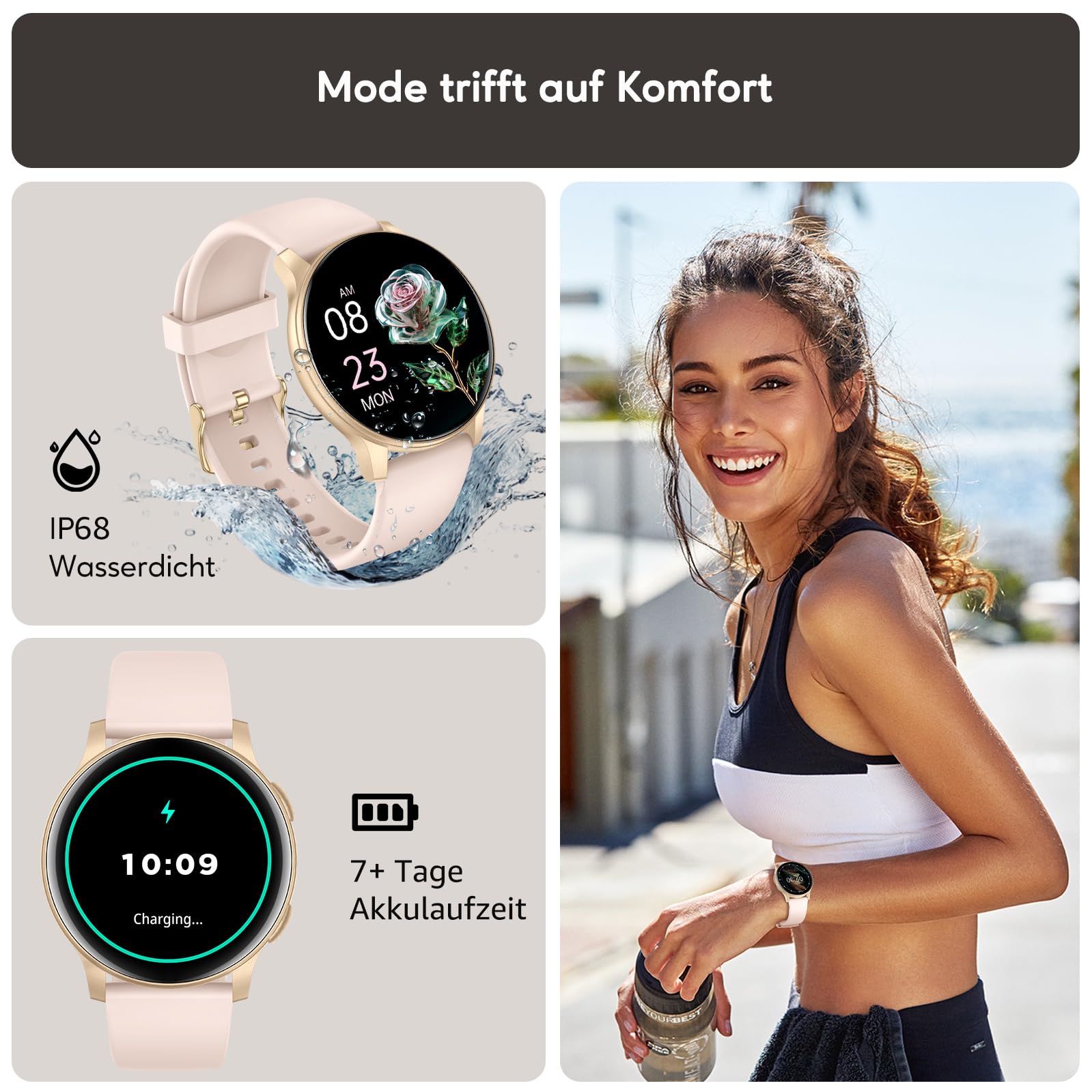 AcclaFit Smartwatch Damen Herren, 1.38 Zoll HD-Display Smart Watch mit Bluetooth Anrufe, Fitness Tracker mit Herzfrequenz SpO2 Schlafmonitor Schrittzähler, IP68 Wasserdicht Fitnessuhr für iOS Pink