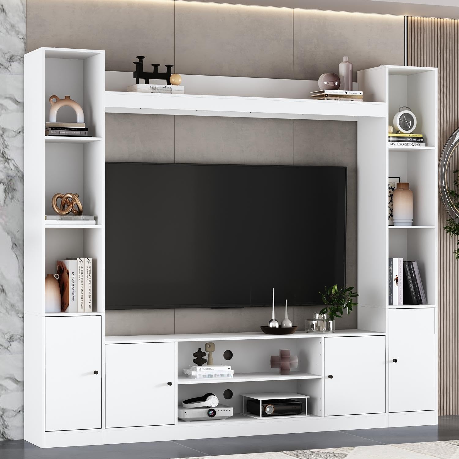 81.1" Large TV Stand with Bookshelves for TVs up to 60", Wall Unit Entertainment Center with Doors, 9 Open Shelves and Cable Holes, Media Console Cabinet for Living Room, White