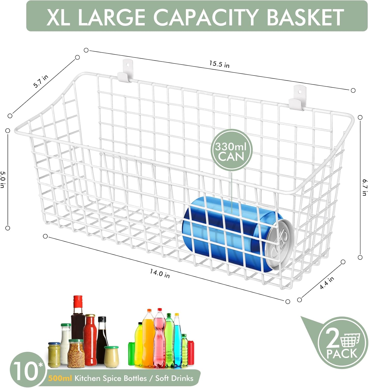Large Wall Hanging Baskets - 2 Set Rustproof Rubber Coating Wall Shelving Organizers - Metal Wire Basket Storage No Drill Adhesive Wall Mount for Shower Kitchen Laundry Pantry Cabinet RV (White)