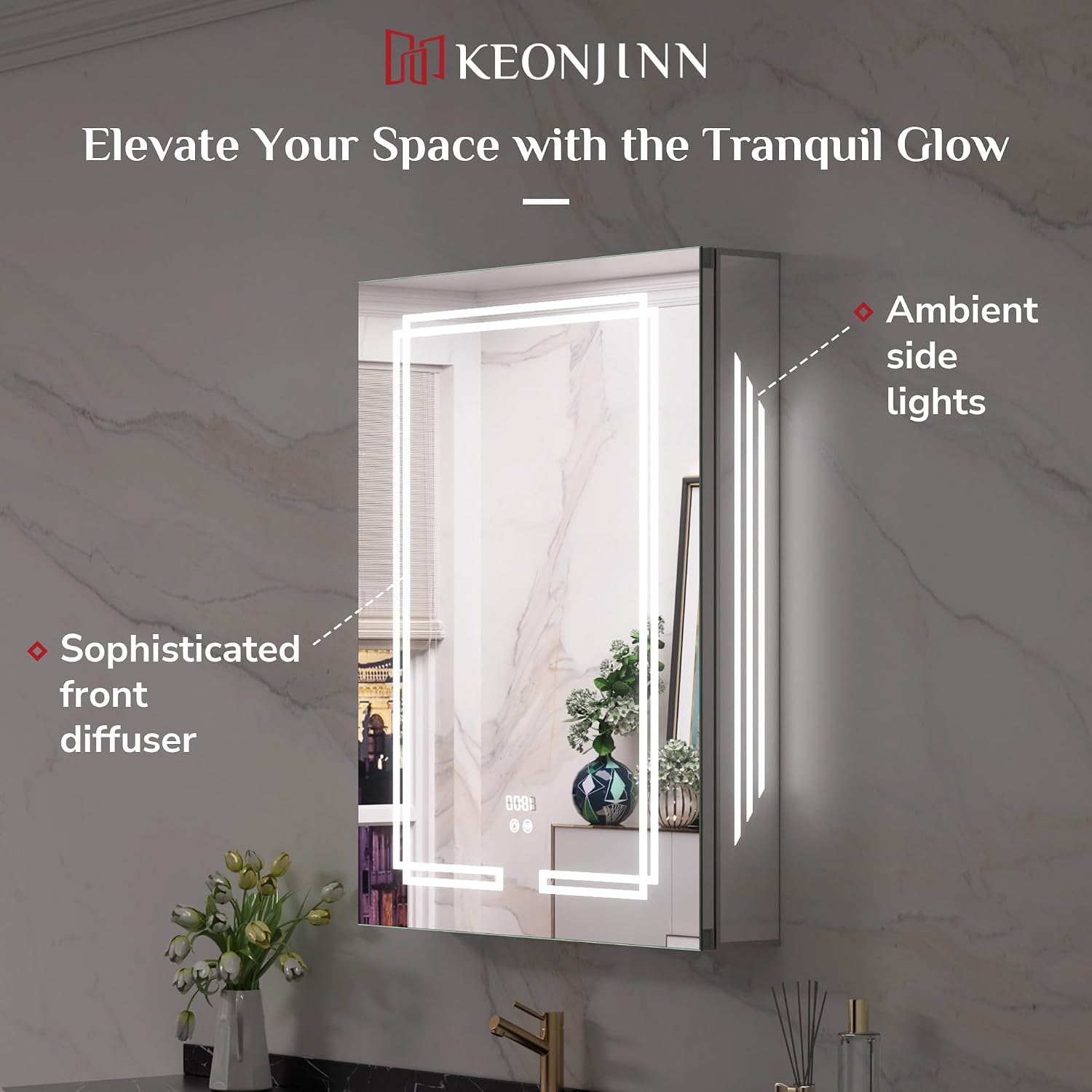 Keonjinn 30 x 32 Inch Lighted Medicine Cabinet with Lights, Tempered Glass image 4