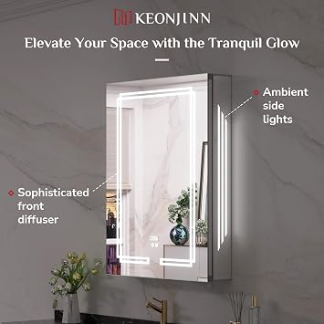 Keonjinn 30 x 32 Inch Lighted Medicine Cabinet with Lights, Tempered Glass