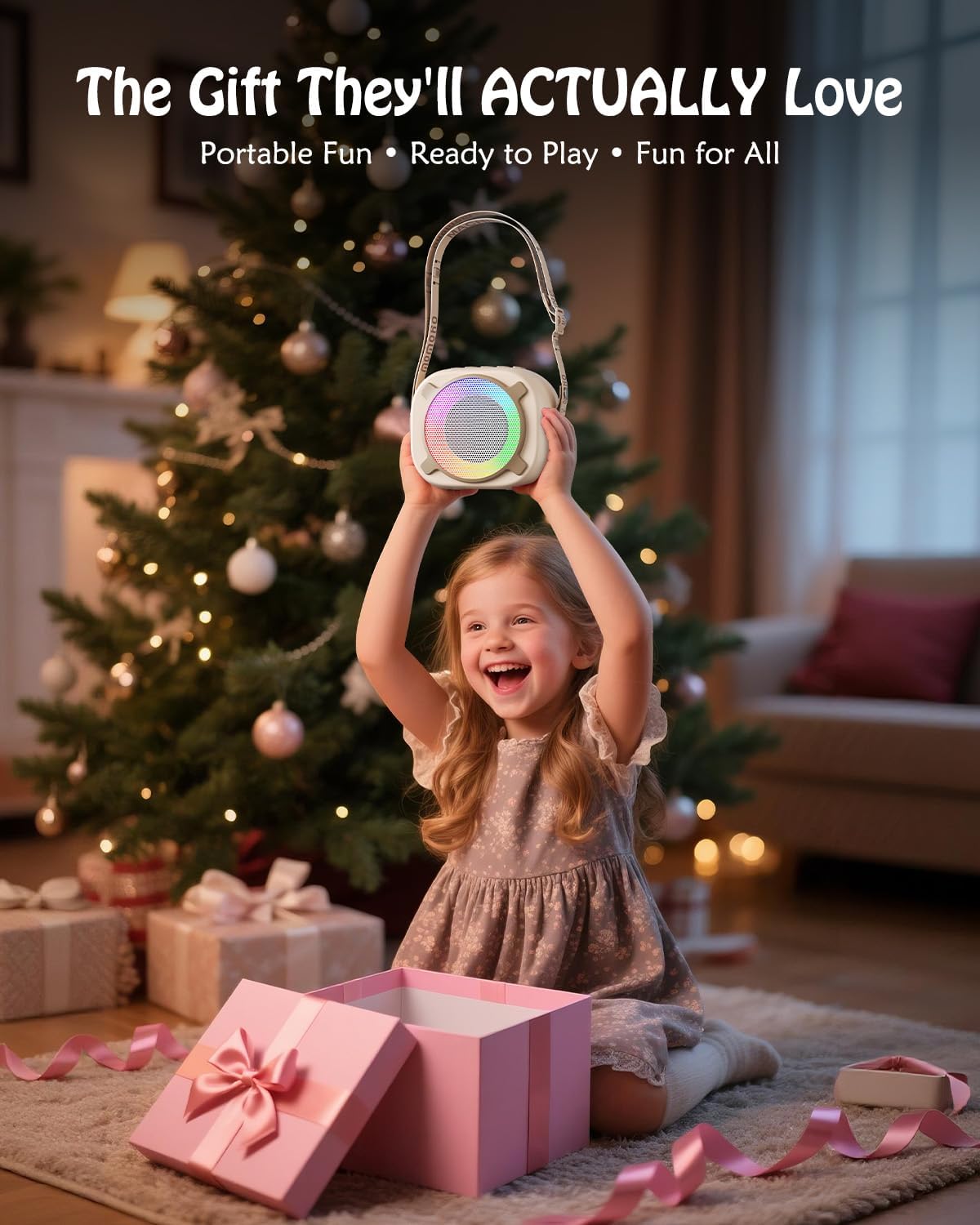 Karaoke Machine for Kids, Mini Portable Bluetooth Speaker with 2 Wireless Microphones and Party Lights for Girls Boys, Birthday Gifts Toys for 3-12+ Kids Family Party (Vanilla) - Image 2