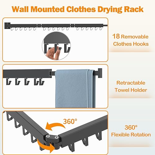 Miniatura 9 de Kelisiting Tendedero de secado de ropa, para montaje en la pared, estante de secado para ropa sucia, 3 caras, plegable, para balcón, lavandería,