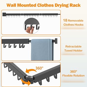 Kelisiting Foldable Clothes Drying Rack, 2 Fold Laundry Drying Rack Wall Mount, [No Drilling] Folding & Durable Space Saver for Laundry, Balcony, Bathroom, Patio, Dormitory, Apartment-White