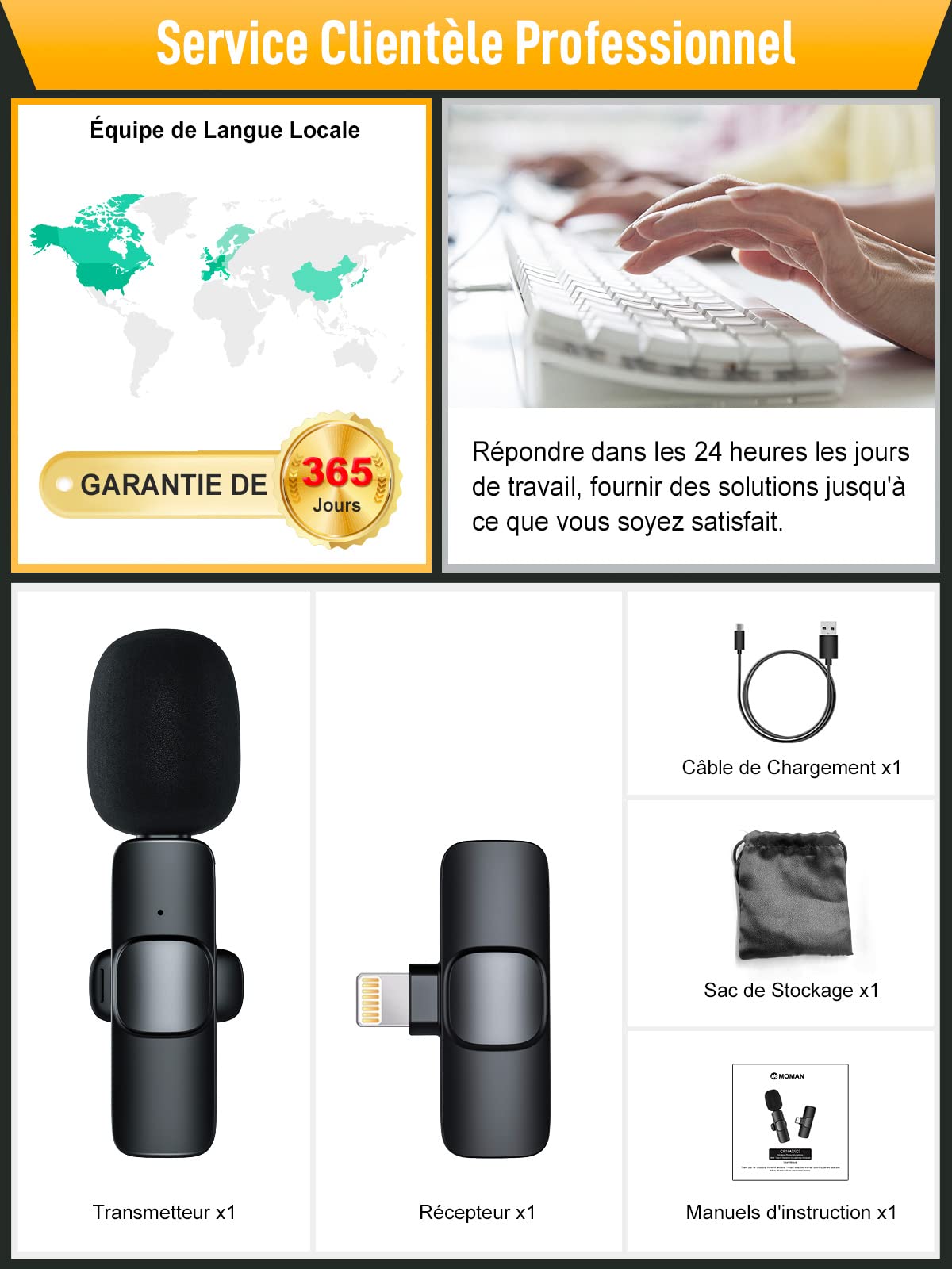 Moman Micro Cravate sans Fil pour Iphone, 2.4GHz【Lightning】 Wireless Lavalier Microphone Sourdine Réduction du Bruit Intelligente pour Interview Tiktok,Mic-Cravate-sans-Fil-iPhone