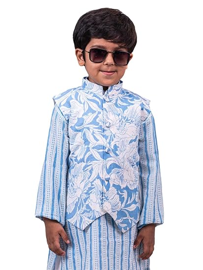 Boys' Cotton Blue Nehru Jacket | Cotton Allover Printed With Kantha Work Nehru Jacket For Boy's