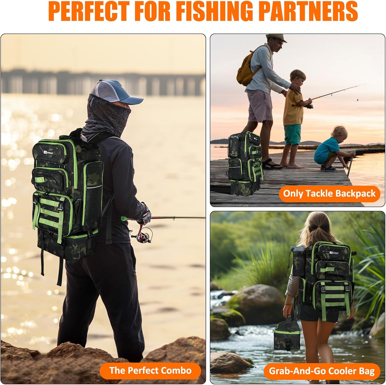 ayamaya Fishing Backpack with Cooler, 45L Tackle Backpack with Rod Holders & Insulated Lunch Bag, Large Outdoor Fishing Bag for 4 Tackle Boxes & Gears