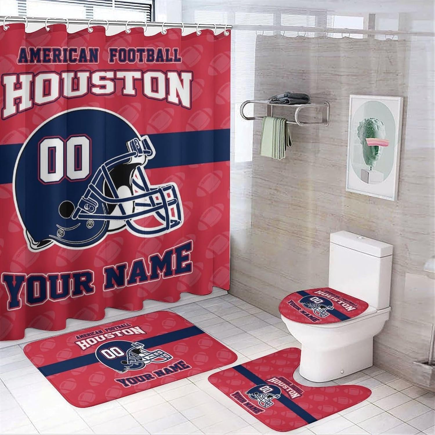 Custom Houston Style Football Shower Curtain 4-Set,Personalized Name and Number Bathroom Decor Set,Includes Floor Mat, Toilet Cover Mat, U-Mat, and Shower Curtain with 12 Hooks,72inx72in