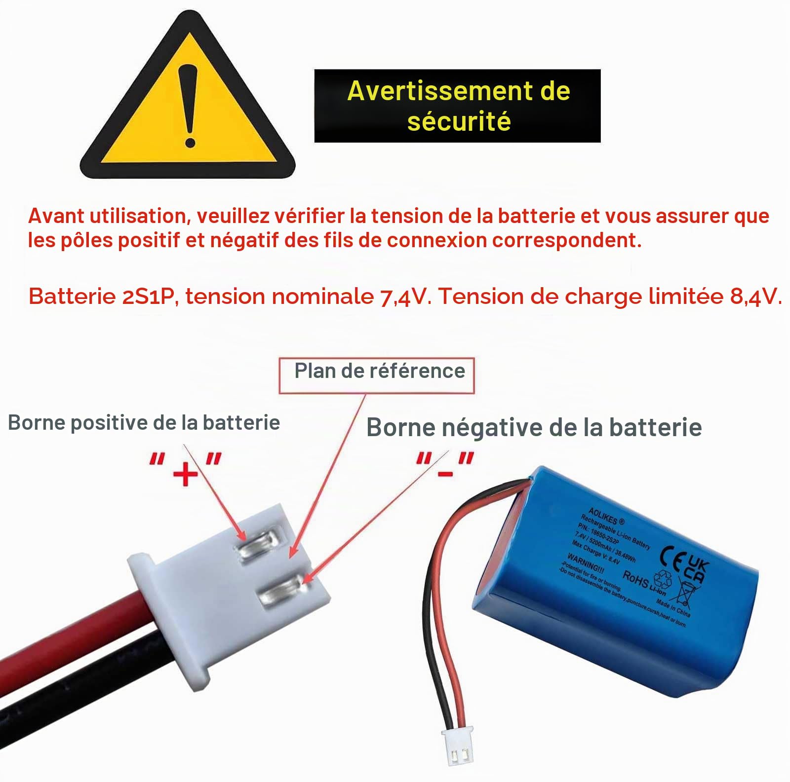 Batterie lithium-ion rechargeable 7,4 V 5200 mAh avec connecteurs XH2.54/2P, batteries 18650, batterie Li-ion 2S2P, prend en charge la décharge continue 3C