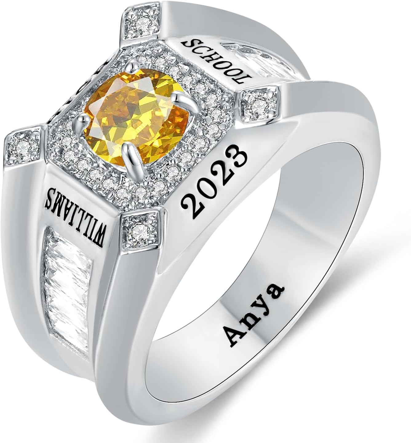 Custom Class Ring - Fully Personalized Sterling Silver Birthstone Ring for Men's Graduation 2024 - High School and College Sizes 5-15