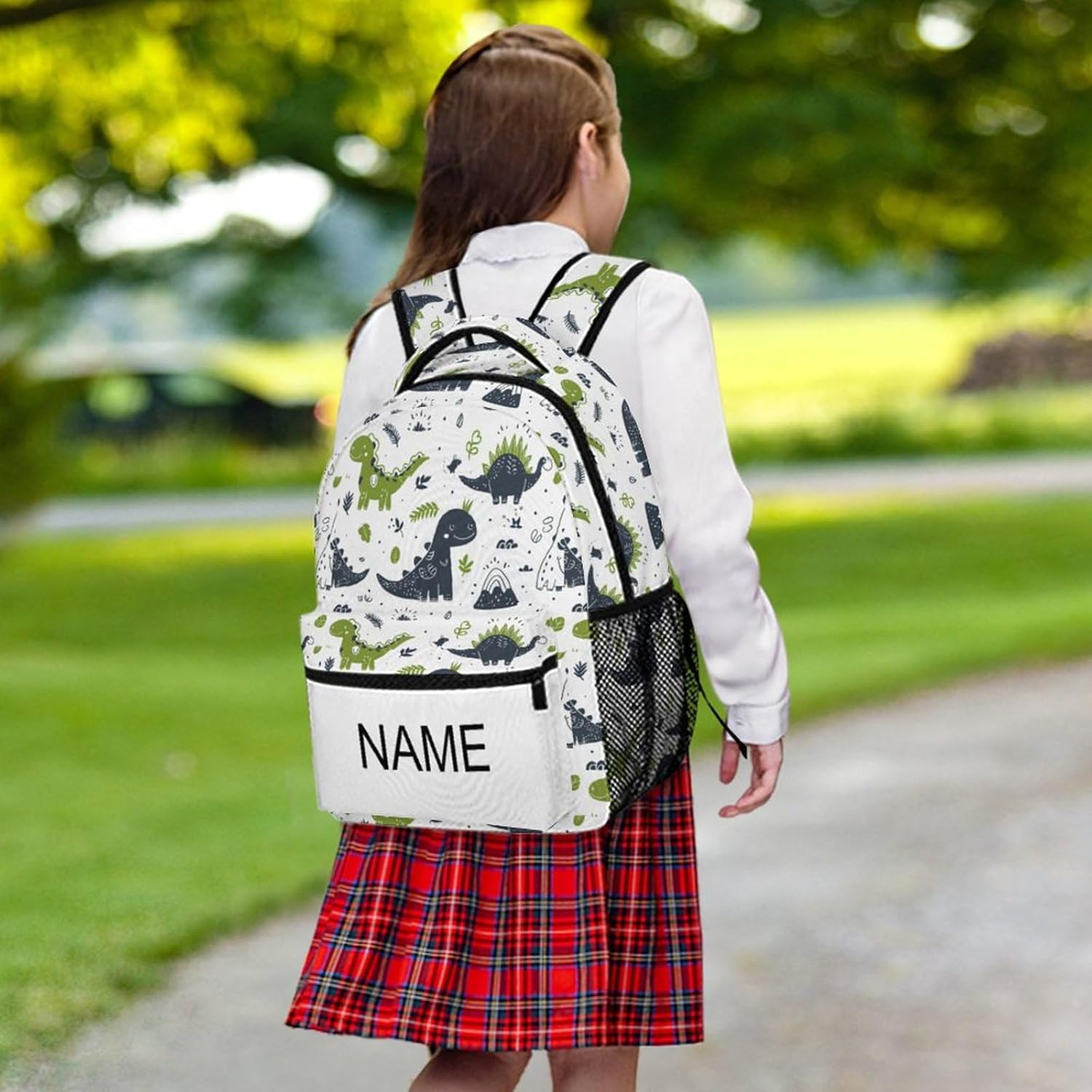 Personalized Dinosaur Backpack with Name, Custom Daypack Bags, Cute Green Dinosaur Pattern Print, 17', Casual