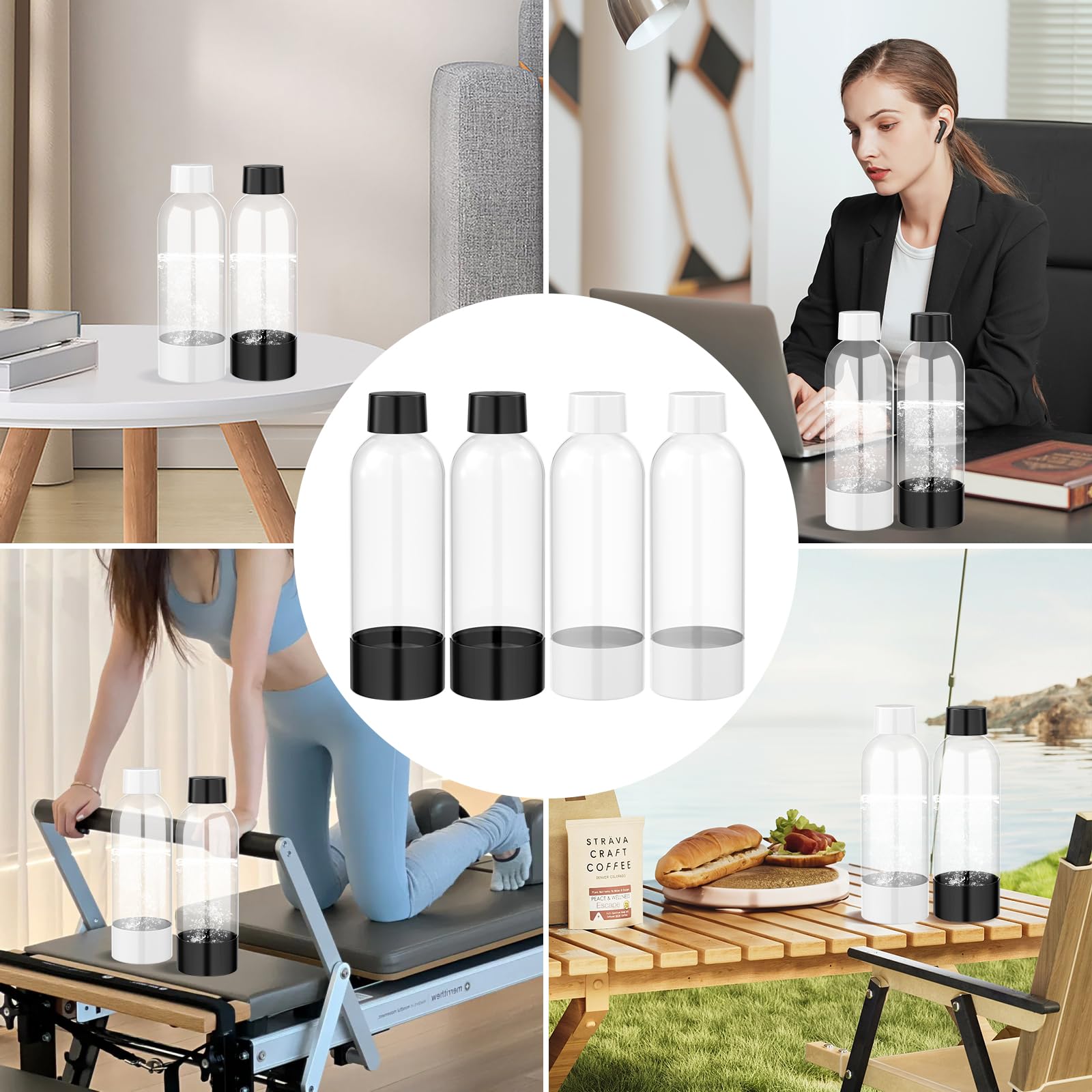 4 pezzi Bottiglie per la Produzione di Soda, Bottiglie per Carbonatazione Compatibile con Isoda Drinkmate Cocosoda, Senza BPA, Riutilizzabili, in PET, Nero e Bianco, per Macchina per Soda